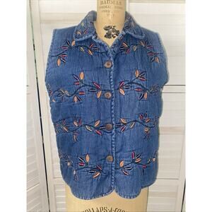 Vintage NEW DIRECTION 90s Autumn Leaves Prairie Quilted Denim Cotton Vest Sz Med